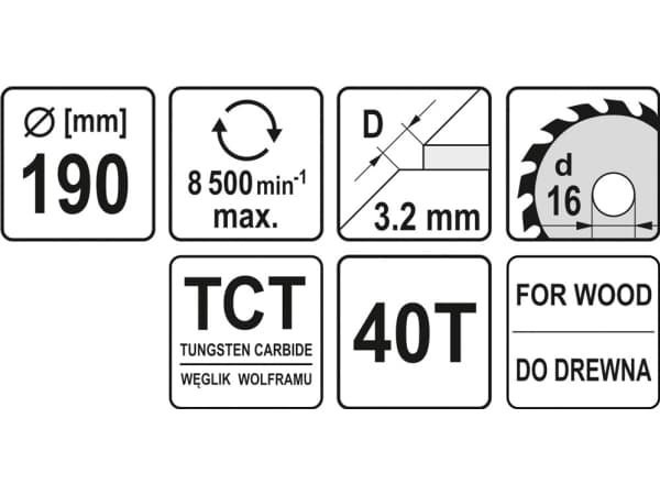 Yato YT-60633, Muovi, Puu, 19 cm, 1,6 cm, Kovametallihampaat (TCT), 8500 RPM, 1 kpl