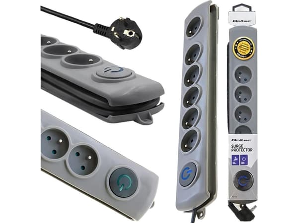 Qoltec - Strømstødsbeskytter - AC 230 V - 2200 Watt - output-stikforbindelser: 6 - 5 m ledning - Frankrig - grå
