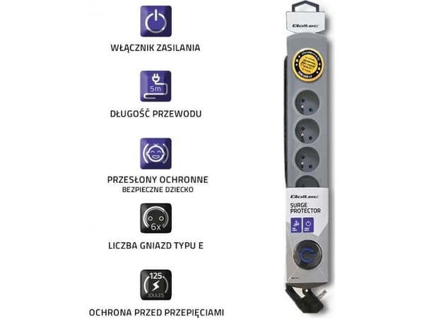 Qoltec - Strømstødsbeskytter - AC 230 V - 2200 Watt - output-stikforbindelser: 6 - 5 m ledning - Frankrig - grå
