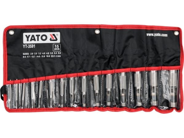 Yato YT-3591, Hullsett, Kull stål, Lær, Sølv, 15 stykker