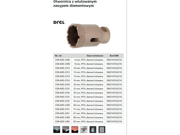 Drel DREL M14 KORKEUSKORKEUS DIAMANTTI MUTTERIPINNALLA 20 mm KON-AOD-2320