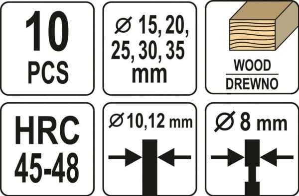 Yato YT-33837, Ställ, Borr, Trä, Kolstål, 15,20,25,30,35 mm, 10 styck
