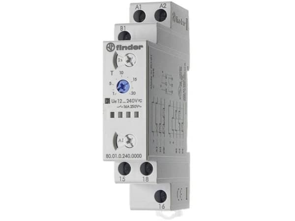 Monitoimiajastin 16A 1C/O, 17,5mm leveä, monijännite 12240VAC/DC, 6 toimintoa, 6 aika-aluetta 0,1s-24h.