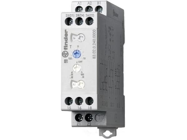 Multifunktionstimer 12A 2C/O, 22,5 mm, flerspänning. 24-240VAC/DC, 8 kopplingspunkter. 8 tidsintervall. 0,05s-10 dagar.