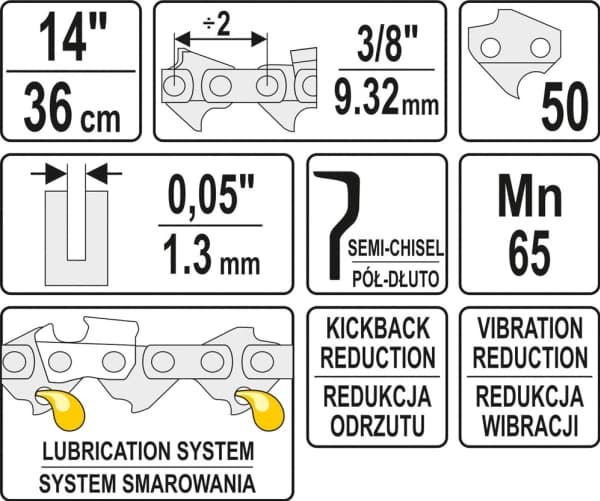 Yato YT-84950, Mikä tahansa tuotemerkki, Puolipyöreä, 76,2 / 8 mm (3 / 8"), 9,52 mm, 36 cm, 1,3 mm