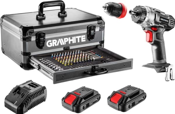 Graphite Energy+-sæt i aluminiumskasse: boremaskine/skruemaskine med aftageligt håndtag, 2 genopladelige 2.0Ah-batterier, oplader og 109 tilbehør
