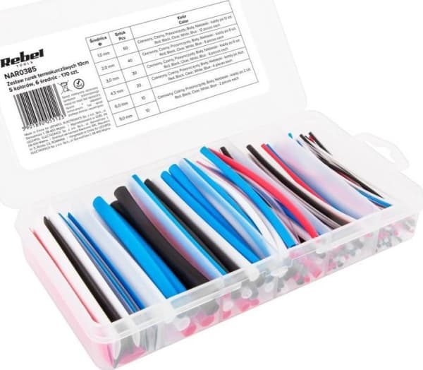 Cabletech varmekrympeslange 10cm - 5 farger, 6 diametre - 170 stk.
