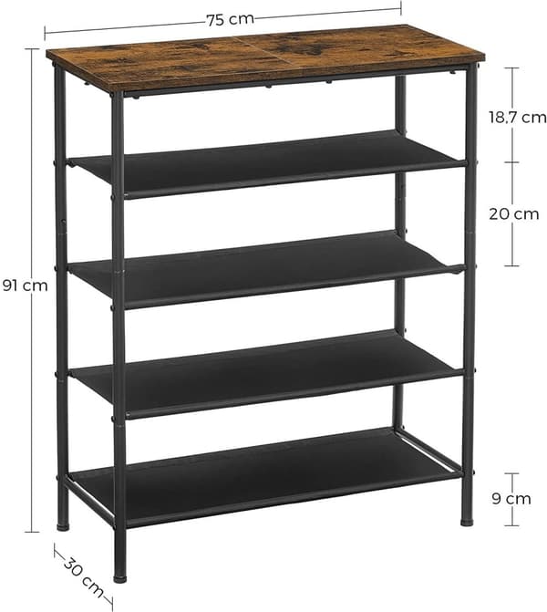 Skohylla Skoställ Industriell design 75 x 30 x 91 cm, 4 tyghyllor med bänk
