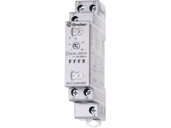 Multifunktionstimer 8A, 1C/O, 17,5mm, Multivoltage 24240V AC/DC 0,1s - 24h., 6 funktioner, se länk till datablad.