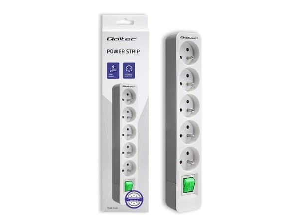 Qoltec - Effektband - AC 230 V - 3680 Watt - utgångskontakter: 5 (5 x Type E) - 1.8 m sladd - grå, vit
