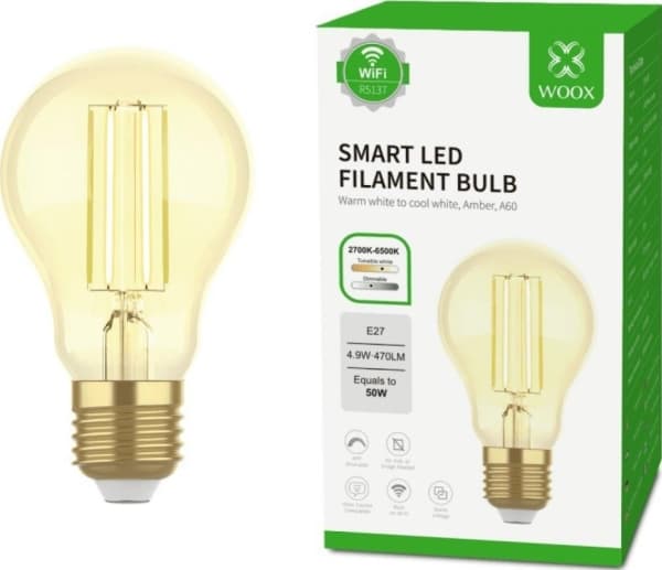 WOOX R5137, Smartpære, Wi-Fi/Bluetooth, Gult, 802.11b, 802.11g, Wi-Fi 4 (802.11n), LED, Aluminium, Glass