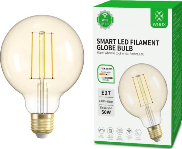 WOOX R5139, Smart glödlampa, Wi-Fi/Bluetooth, Guld, 802.11b, 802.11g, Wi-Fi 4 (802.11n), Gjuten aluminium, Glas, E27