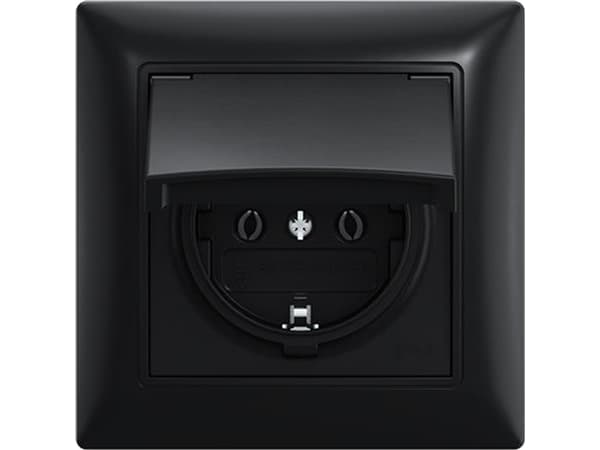 ABB-basic55 Schuko-pistorasia, IP44, mattamusta, 16A, 1 moduuli, toimitetaan täydellisenä, sis. kehyksen ja kannen, jossa on tippumisenesto ja sarano