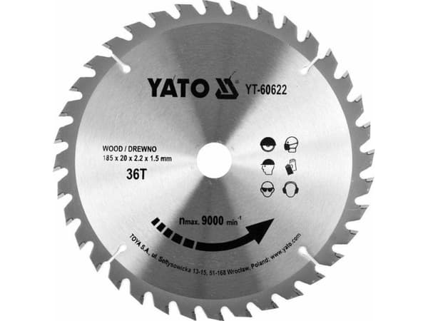 Yato YT-60622, Plast, Trä, 18,5 cm, 2 cm, Tungsten Carbide Tipped (TCT), 9000 RPM, Yato