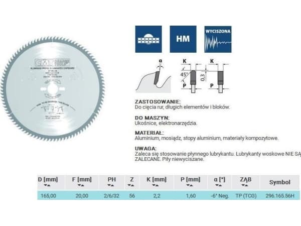 SAHA HW D=165 F=20 Z=56 K=2.2/1.6 ALUMIINI, MESSINKI, KOMPOSIITTI