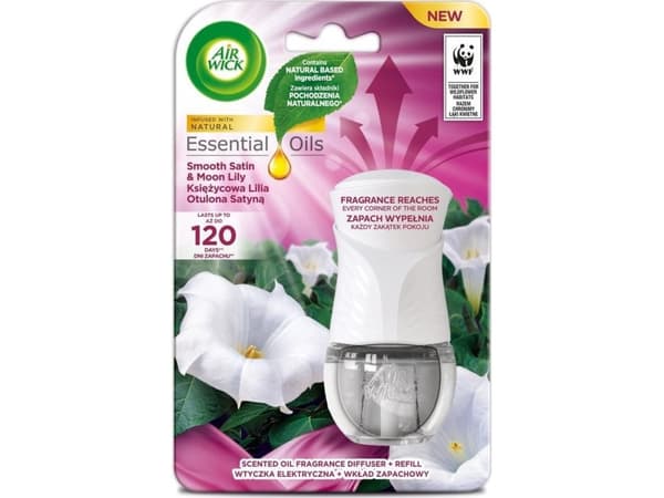 AIR WICK_SET Essential Oils elektrisk luftfrisker og refill Moon Lily pakket inn i sateng 19ml