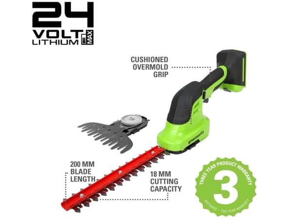 Greenworks, G24SHT, Multiklipper 2i1, 24V, m/2Ah batteri og lader