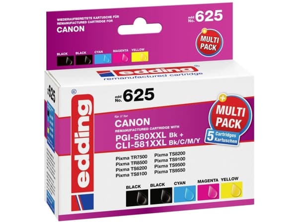 Edding EDD-625, Sort, Cyan, Fiolblå, Foto sort, Gult, 25 ml, 10,5 ml, 5 stykker, 690 sider, Multipakke