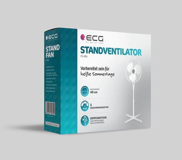 ECG FS 40A, Kotitaloustuuletin lavoilla, Valkoinen, Lattia, Metalli, Muovi, 67 dB, 40 cm