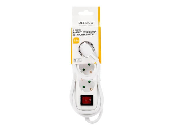 DELTACO GT-0350 - Effektband - AC 250 V - 3680 Watt - ingång: power CEE 7/7 - utgångskontakter: 3 (3 st. CEE 7/3 effekt) - 1.5 m sladd - vit