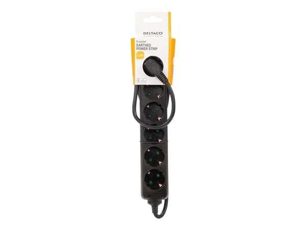 DELTACO GT-0620 - Effektband - AC 250 V - 3680 Watt - ingång: power CEE 7/7 - utgångskontakter: 6 (6 x ström CEE 7/3) - 1.5 m sladd - svart