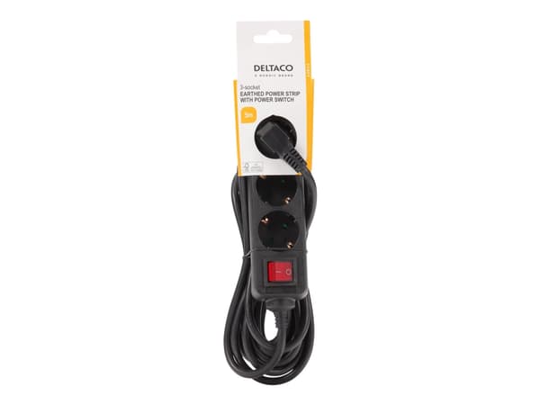 DELTACO GT-0362 - Effektband - AC 250 V - 3680 Watt - ingång: power CEE 7/7 - utgångskontakter: 3 (3 st. CEE 7/3 effekt) - 5 m sladd - svart