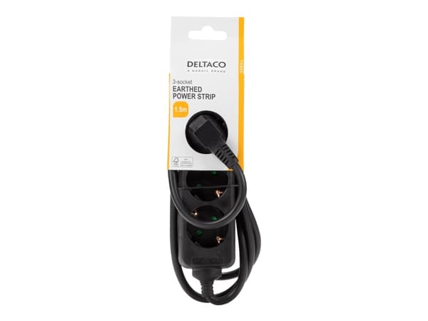 DELTACO - Effektband - barnskydd, jordad - AC 250 V - 3680 Watt - ingång: power CEE 7/7 - utgångskontakter: 3 (power CEE 7/3) - 1.5 m sladd - svart