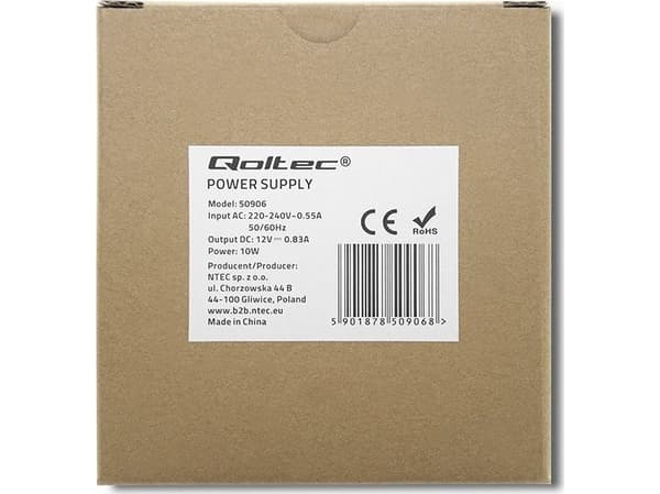 Qoltec DIN-kiskovirtalähde | 10W | 12V | 0.83A | Valkoinen | Ohut | Slim