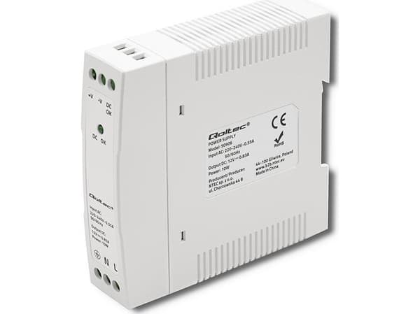 Qoltec DIN-kiskovirtalähde | 10W | 12V | 0.83A | Valkoinen | Ohut | Slim