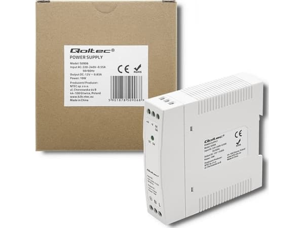 Qoltec DIN-kiskovirtalähde | 10W | 12V | 0.83A | Valkoinen | Ohut | Slim