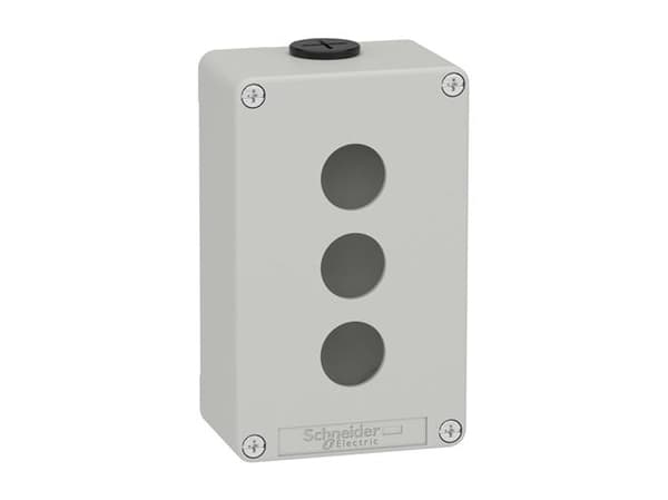 Harmony tom tryckknappslåda i ljusgrå metall med 3 x Ø22 mm hål för tryckknappar och 2 x M20-skruvar