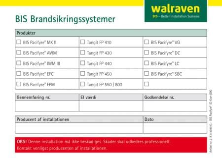 WALRAVEN BIS Pacifyre ID-Klistermærke til identifikation af rørgennemføringer. Kortet er selvklæbende og skal udfyldes af installatøren.