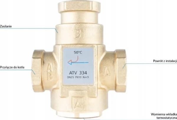 Afriso ATV 334 temperaturventil, DN25, Rp1", kvs 9, 50°C