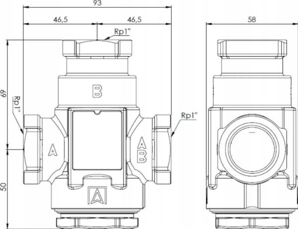 Afriso ATV 334 temperaturventil, DN25, Rp1", kvs 9, 50°C
