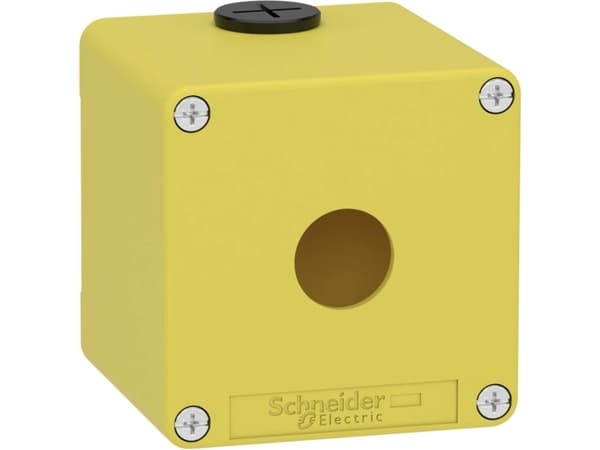 Harmony tom nødstopkasse i gul metal med 1 x Ø22 mm hul for trykknap og 2 x M20 forskruninger 80 x 8