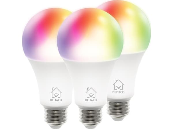 RGB LED-lampor DELTACO SMART HOME E27, 3-pack, WiFI 2.4GHz, 9W, 810lm, dimbar, 16m färger, 220-240V, vit / SH-LE27RGB-3P