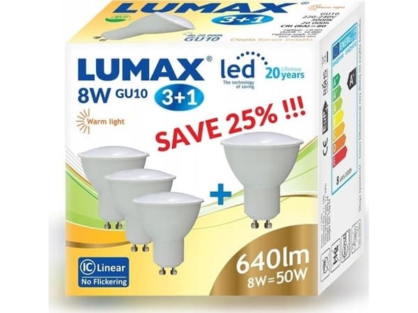 Lumax LL325X4 8W GU10 MR16 3000K 650lm NW 830 105° SMD LED-lampor (4 stycken)