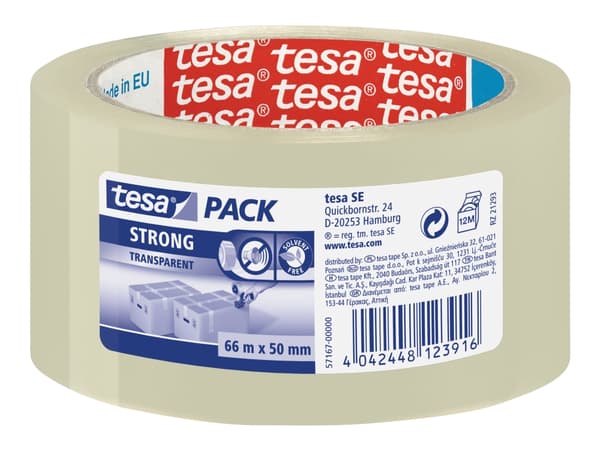 TESA Clear Strong, 66 m, Läpinäkyvä, Polypropeeni, Pahvi, 50 mm, 1 kpl