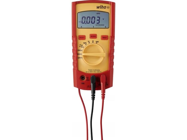 WIHA Digitaalinen yleismittari jopa 600 V AC/DC, automaattinen 40mA-10A AC/DC, taustavalaistu LCD-näyttö, ohuet mittauskärjet