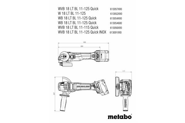 Metabo WB 18 LT BL, 10000 RPM, 12,5 cm, Batteri, 11 Ah, 1,8 kg, Børsteløs motor
