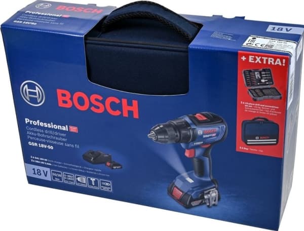 BOSCH BORBOR 18V 50/24Nm 2x2,0Ah BØRSTELØS GSR 18 V-50 + TILBEHØR 43 stk.