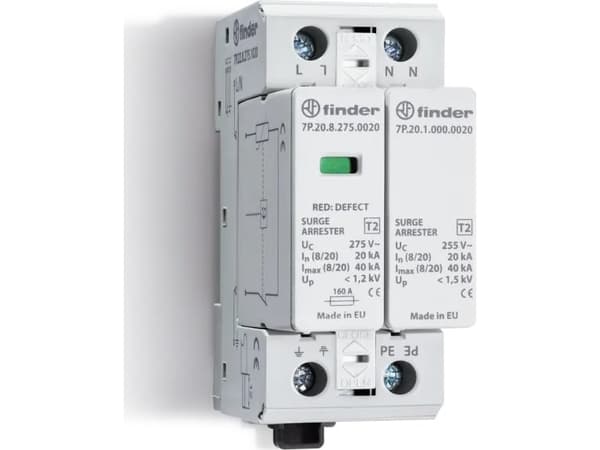 C Tyypin 2 ylijännitesuoja, In 20kA, Imax 40kA Up -1,2/1,5kV, varistori + kipinäväli (L-N/N-PE), 7P. 22.8.275.0020