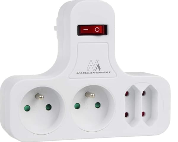 Maclean strömuttag - fyrdubbla med på/av-brytare, stabiliseringsfot, Schuko-typ, 2x2,5A, 2x16A, MCE224