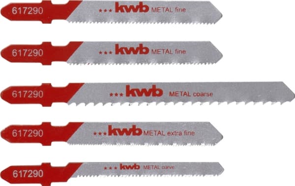 kwb 617290, Figursågblad, Gjuten aluminium, Metallplåt, Snabbstål (HSS), Röd, Rostfritt stål, 5 styck, Blåsa