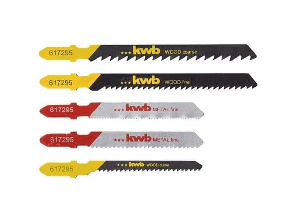 kwb 617295, Figursågblad, Spånskiva, Plast, Mjuka träslag, Stål, Stål med hög kolhalt (HCS), Svart, Rostfritt stål, 5 styck