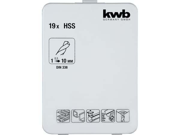 kwb 421856, Drill, Drill bit set, Høyrehåndsrotasjon, 1 mm, Strykejern, Metall, Ikke-jernholdig metall, Plast, Profil, Stål, 135°
