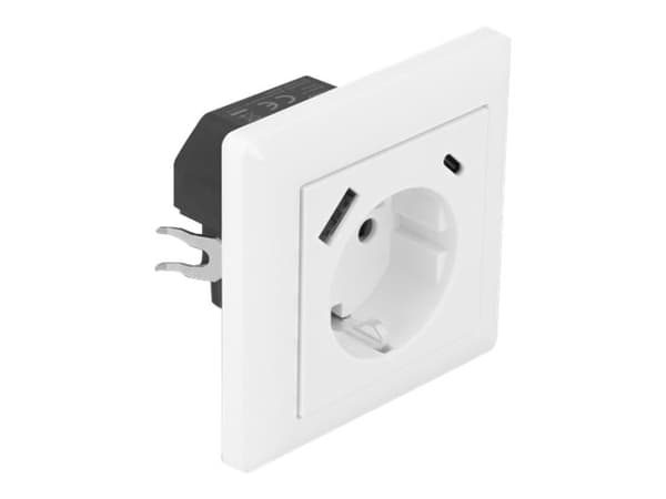 Delock - Eluttag - 2P+E - Typ F, USB, USB typ C - med fönsterluckor - 1 grupp - 1 eluttag, 1 USB-uttag, 1 USB-C-uttag - 3.4 A - vit Vit