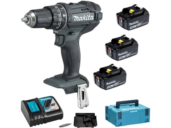 Makita DHP482F3JB - Hammerbor/driver - trådløs - 2 hastigheter - nøkkelfri borhylse 13 mm - 62 N·m - 3 batterier, inkludert lader - 18 V