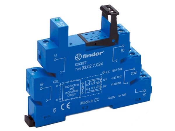 Finder Socket for 41.52/41.61/41.81 series relays 6-24V AC/DC, screw terminals, DIN rail mounting (93.02.0.024)