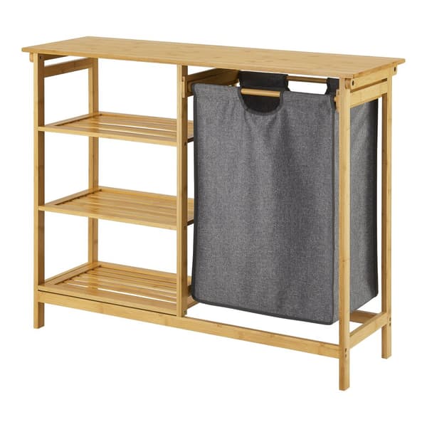 Badrumshylla med tvättsäck Nousiainen 80x100x30 cm bambu grå [en.casa]
